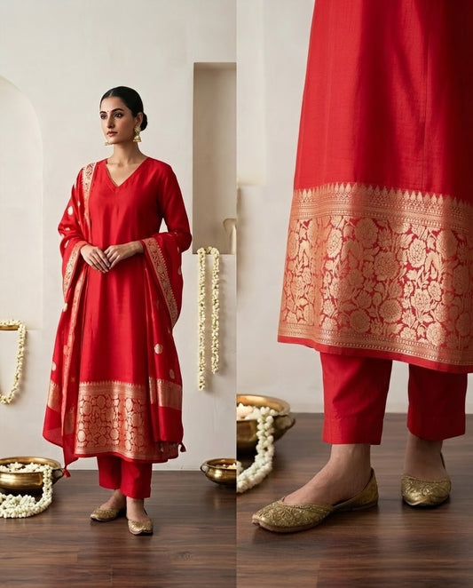 Premium Banarasi Silk Unstitched Suit Set with Zari Woven Border