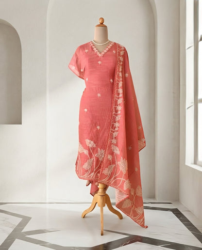 Premium Chanderi Silk Unstitched Suit Set with Applique and Hand Kantha Work