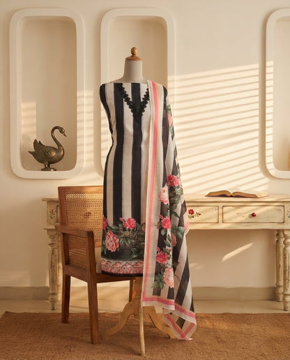 Premium Chanderi Silk Floral Striped Unstitched Suit Set with Mirror Work
