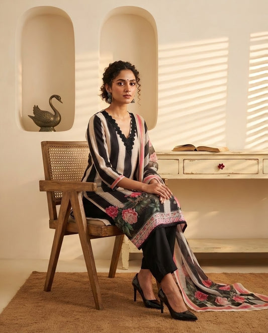 Premium Chanderi Silk Floral Striped Unstitched Suit Set with Mirror Work