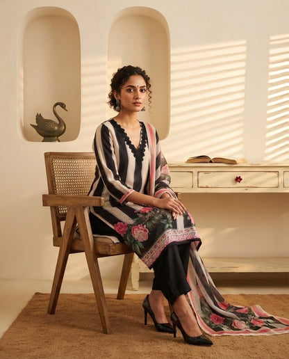 Premium Chanderi Silk Floral Striped Unstitched Suit Set with Mirror Work
