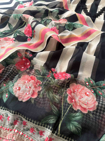 Premium Chanderi Silk Floral Striped Unstitched Suit Set with Mirror Work