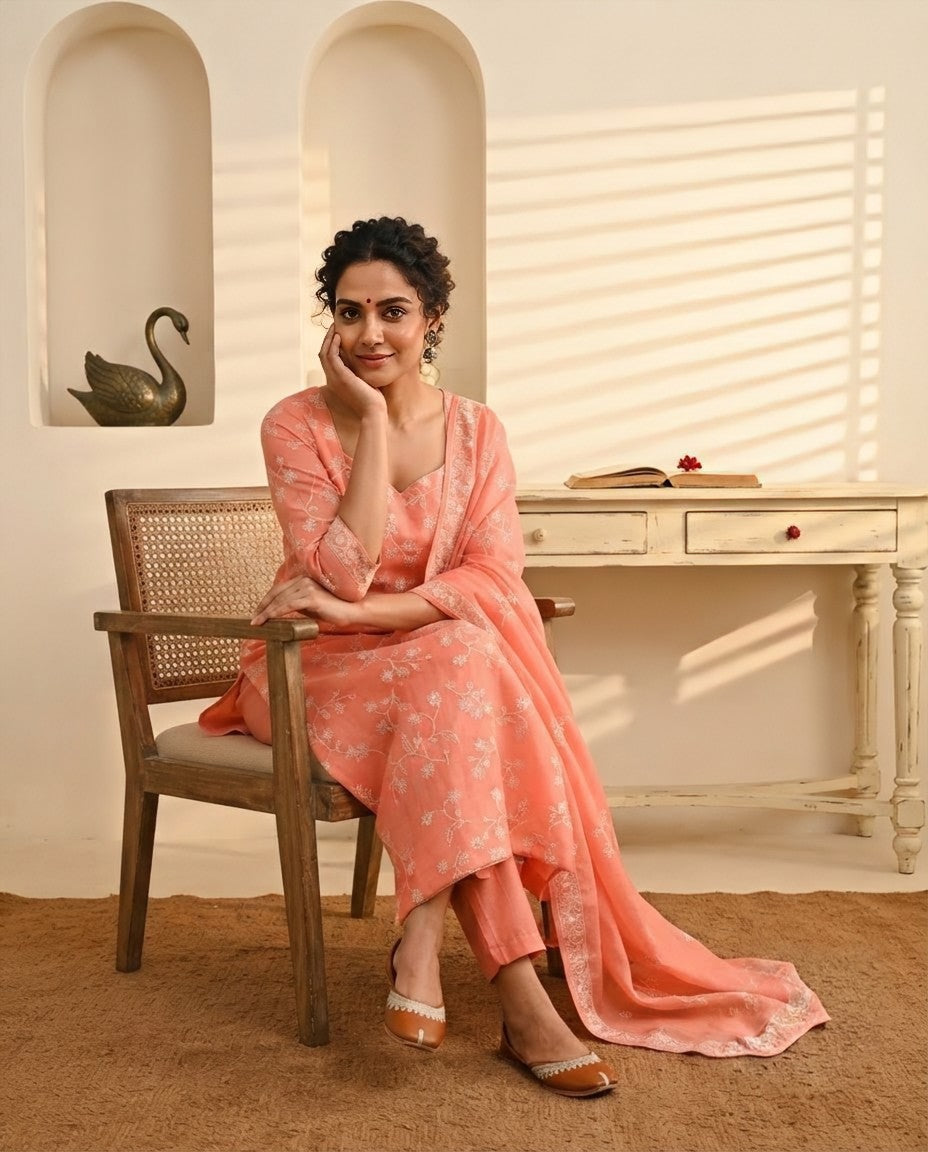 Banarasi Chanderi Silk Embroidered Suit Material Set with Dupatta