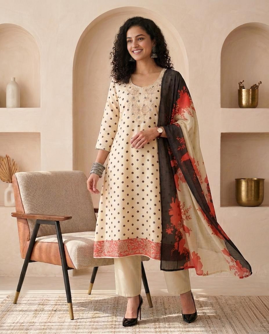 Pure Chanderi Silk Polka Dot Unstitched Suit Set with Cross-Stitch Work