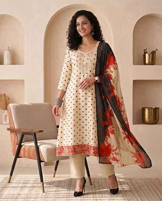 Pure Chanderi Silk Polka Dot Unstitched Suit Set with Cross-Stitch Work