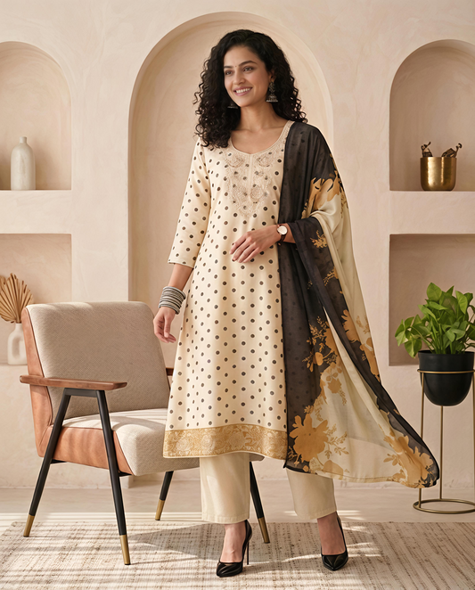 Pure Chanderi Silk Polka Dot Unstitched Suit Set with Cross-Stitch Work