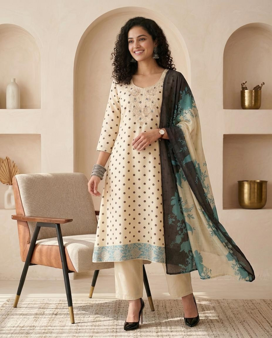 Pure Chanderi Silk Polka Dot Unstitched Suit Set with Cross-Stitch Work