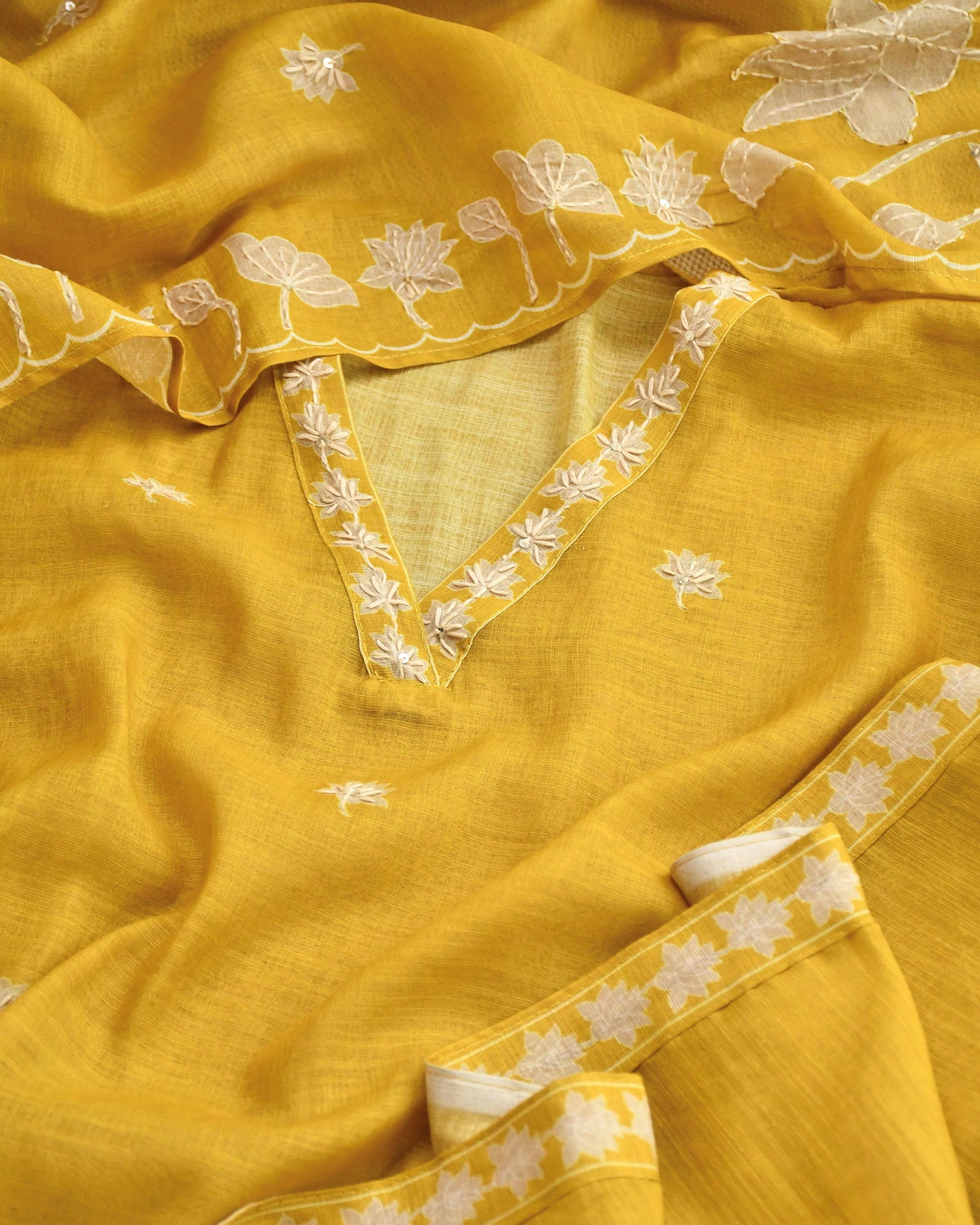 Premium Chanderi Silk Unstitched Suit Set with Applique and Hand Kantha Work