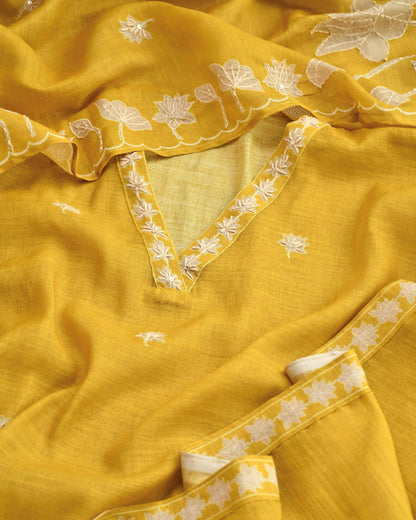 Premium Chanderi Silk Unstitched Suit Set with Applique and Hand Kantha Work