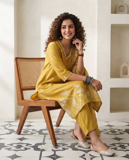 Premium Chanderi Silk Unstitched Suit Set with Applique and Hand Kantha Work