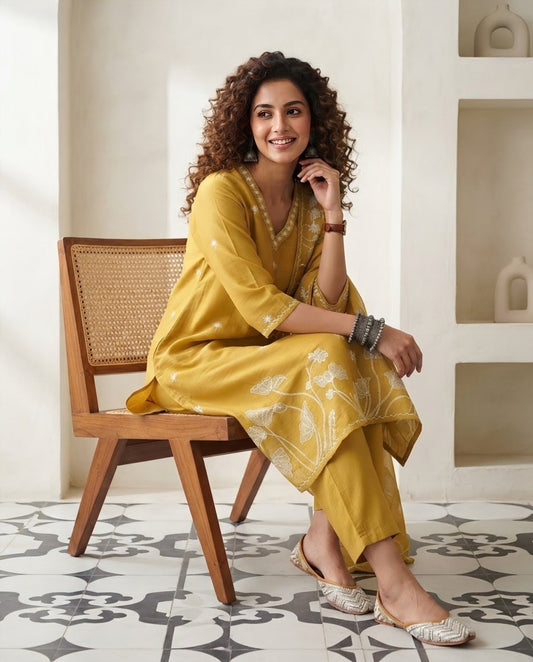 Premium Chanderi Silk Unstitched Suit Set with Applique and Hand Kantha Work