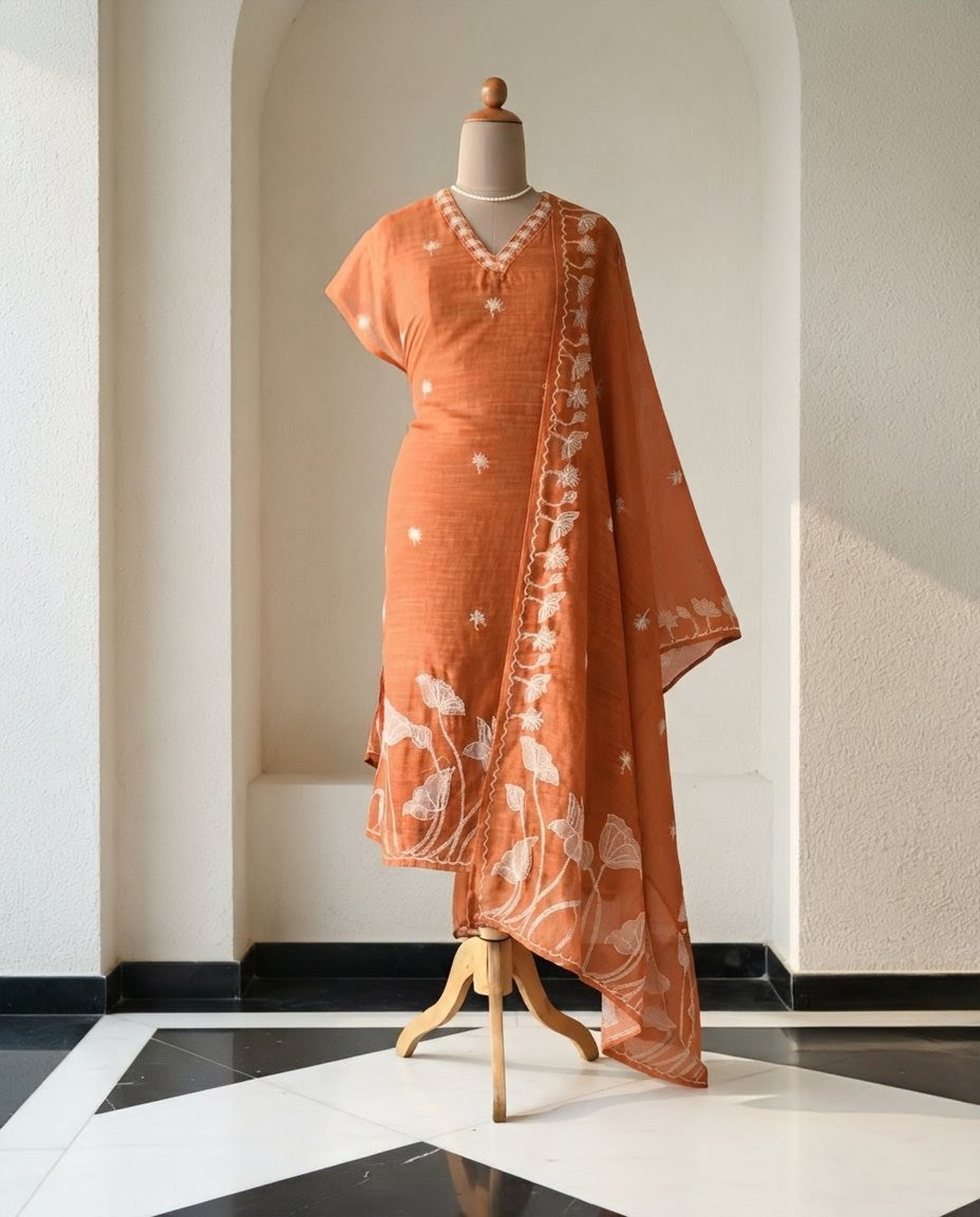 Premium Chanderi Silk Unstitched Suit Set with Applique and Hand Kantha Work