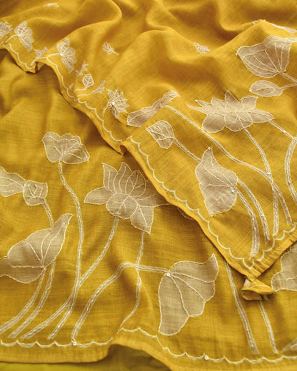 Premium Chanderi Silk Unstitched Suit Set with Applique and Hand Kantha Work