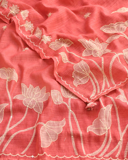 Premium Chanderi Silk Unstitched Suit Set with Applique and Hand Kantha Work