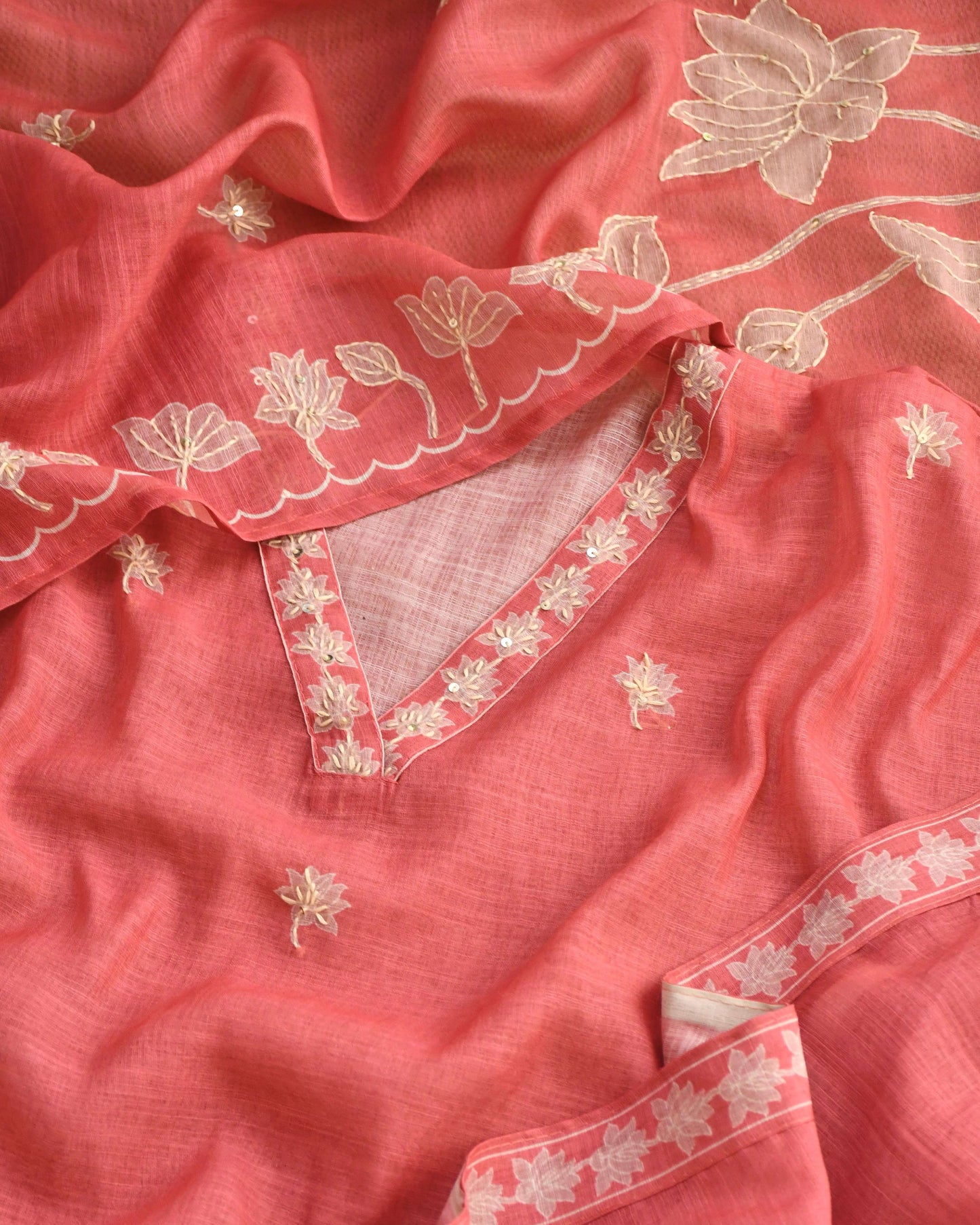 Premium Chanderi Silk Unstitched Suit Set with Applique and Hand Kantha Work