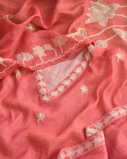 Premium Chanderi Silk Unstitched Suit Set with Applique and Hand Kantha Work