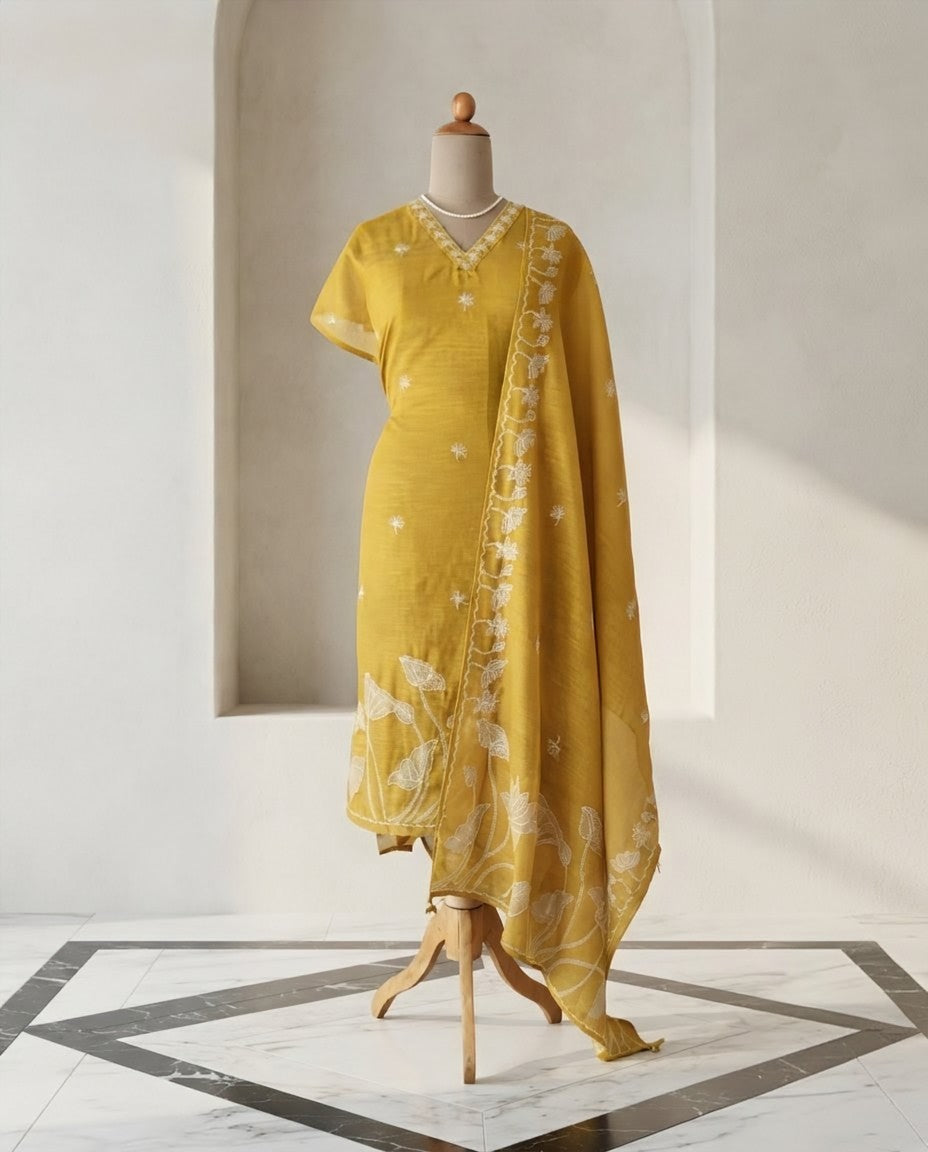 Premium Chanderi Silk Unstitched Suit Set with Applique and Hand Kantha Work