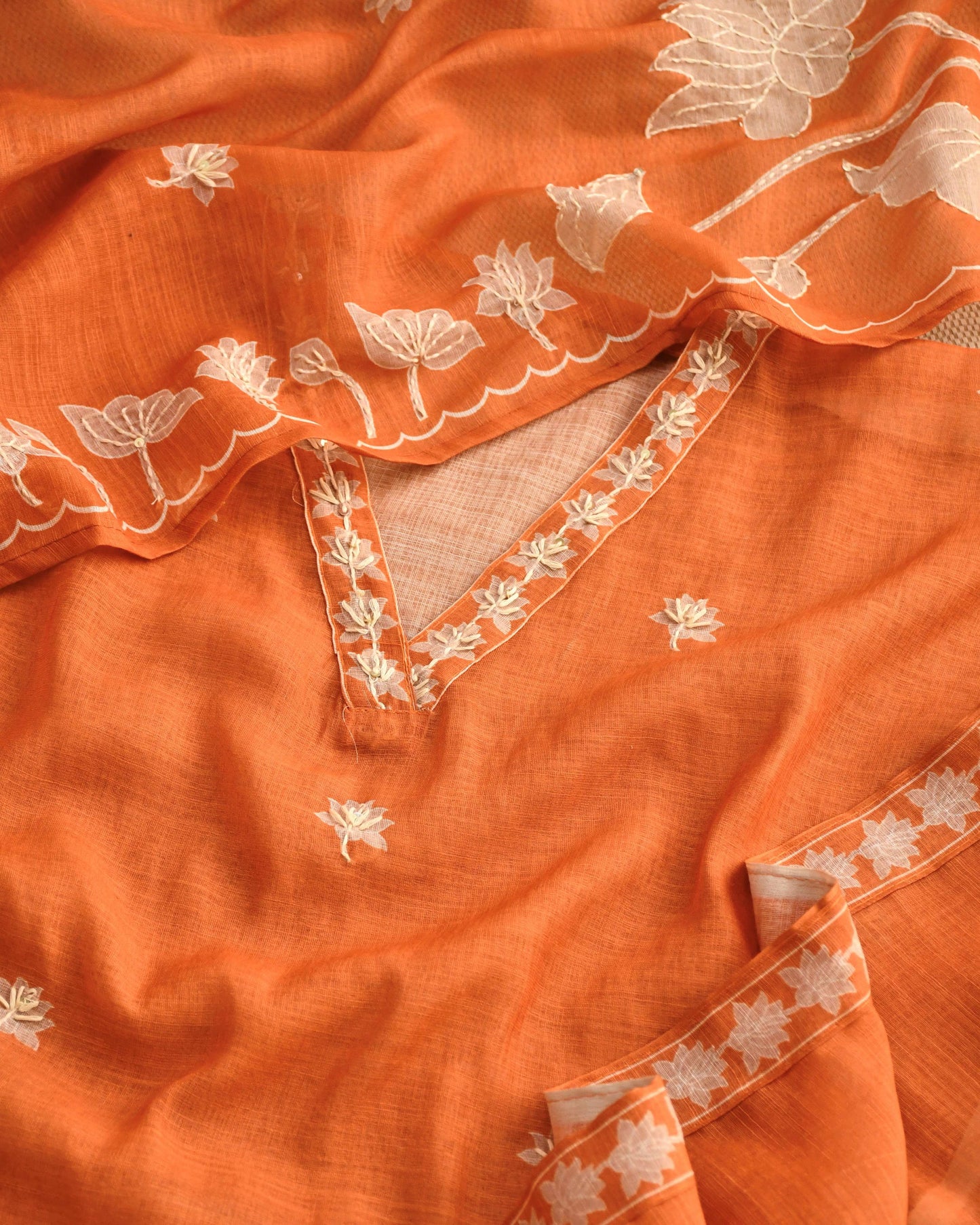 Premium Chanderi Silk Unstitched Suit Set with Applique and Hand Kantha Work