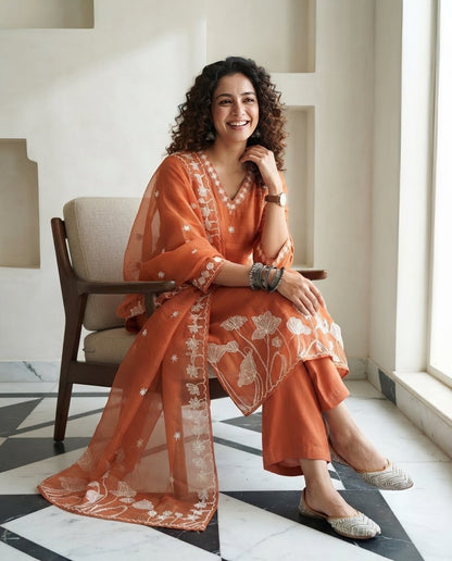 Premium Chanderi Silk Unstitched Suit Set with Applique and Hand Kantha Work