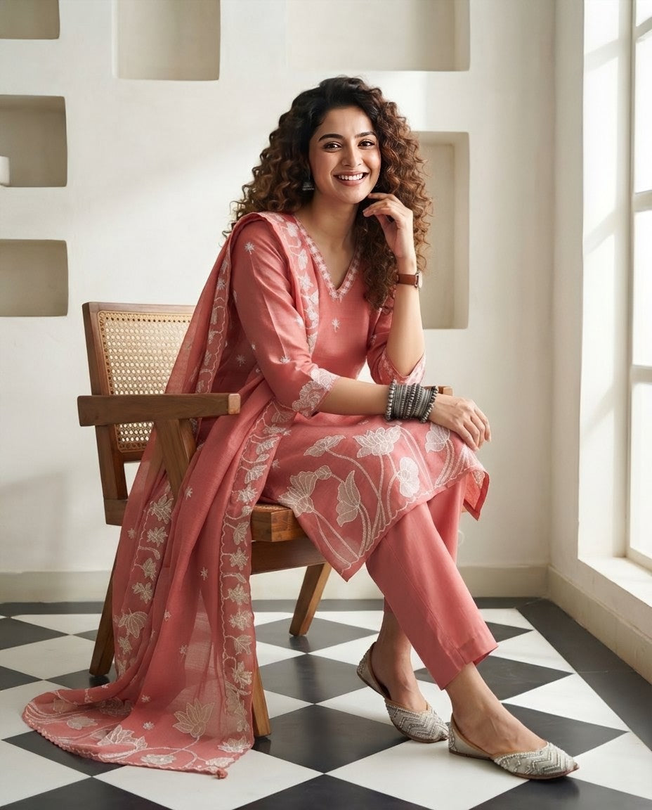 Premium Chanderi Silk Unstitched Suit Set with Applique and Hand Kantha Work