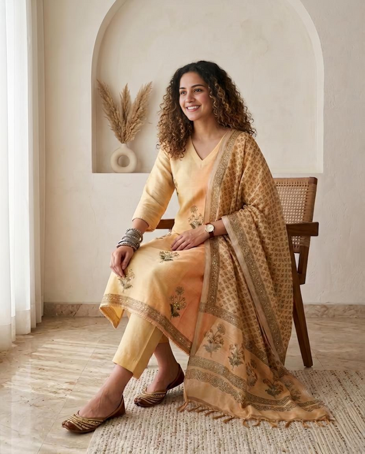 Chanderi Silk Unstitched Suit Set with Embroidery and Gotta Patti Work
