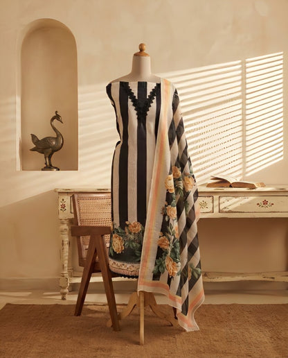 Premium Chanderi Silk Floral Striped Unstitched Suit Set with Mirror Work