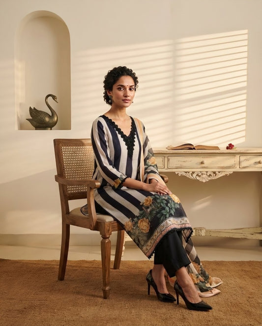 Premium Chanderi Silk Floral Striped Unstitched Suit Set with Mirror Work