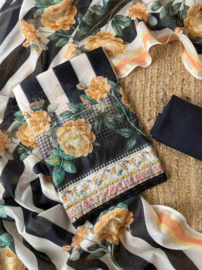 Premium Chanderi Silk Floral Striped Unstitched Suit Set with Mirror Work