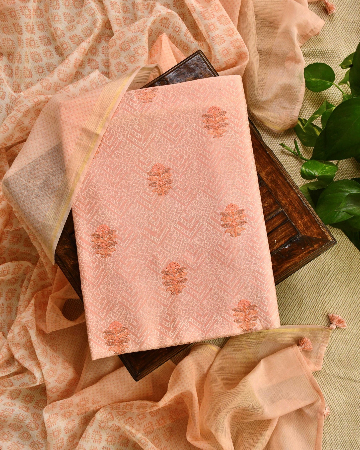 Banarasi Chanderi Silk Unstitched Suit Set with Embroidered Kurta & Dupatta