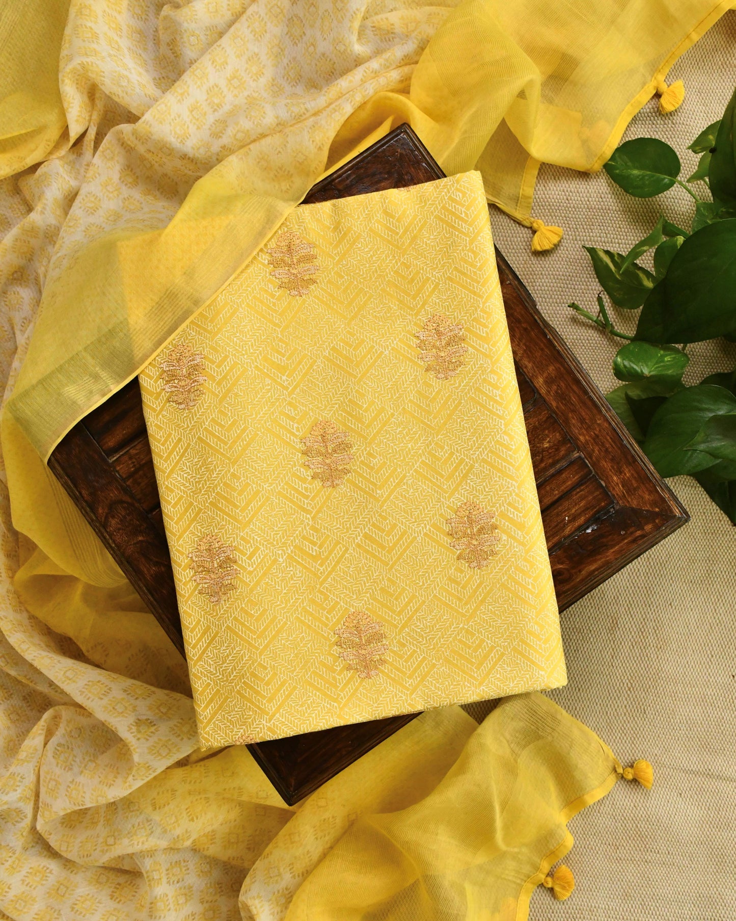 Banarasi Chanderi Silk Unstitched Suit Set with Embroidered Kurta & Dupatta