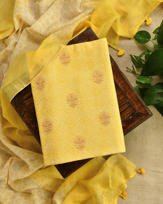 Banarasi Chanderi Silk Unstitched Suit Set with Embroidered Kurta & Dupatta