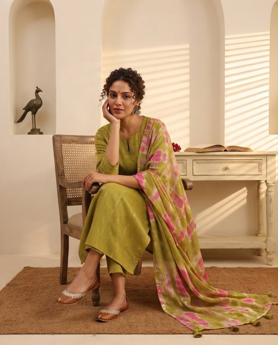 Banarasi Chanderi Silk Unstitched Suit Material Set with Tie-Dye Dupatta