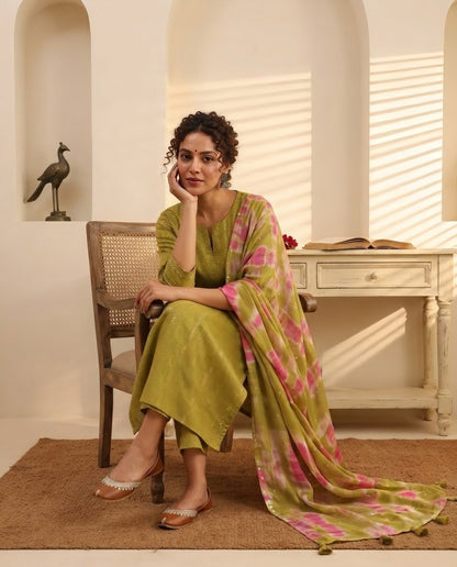 Banarasi Chanderi Silk Unstitched Suit Material Set with Tie-Dye Dupatta