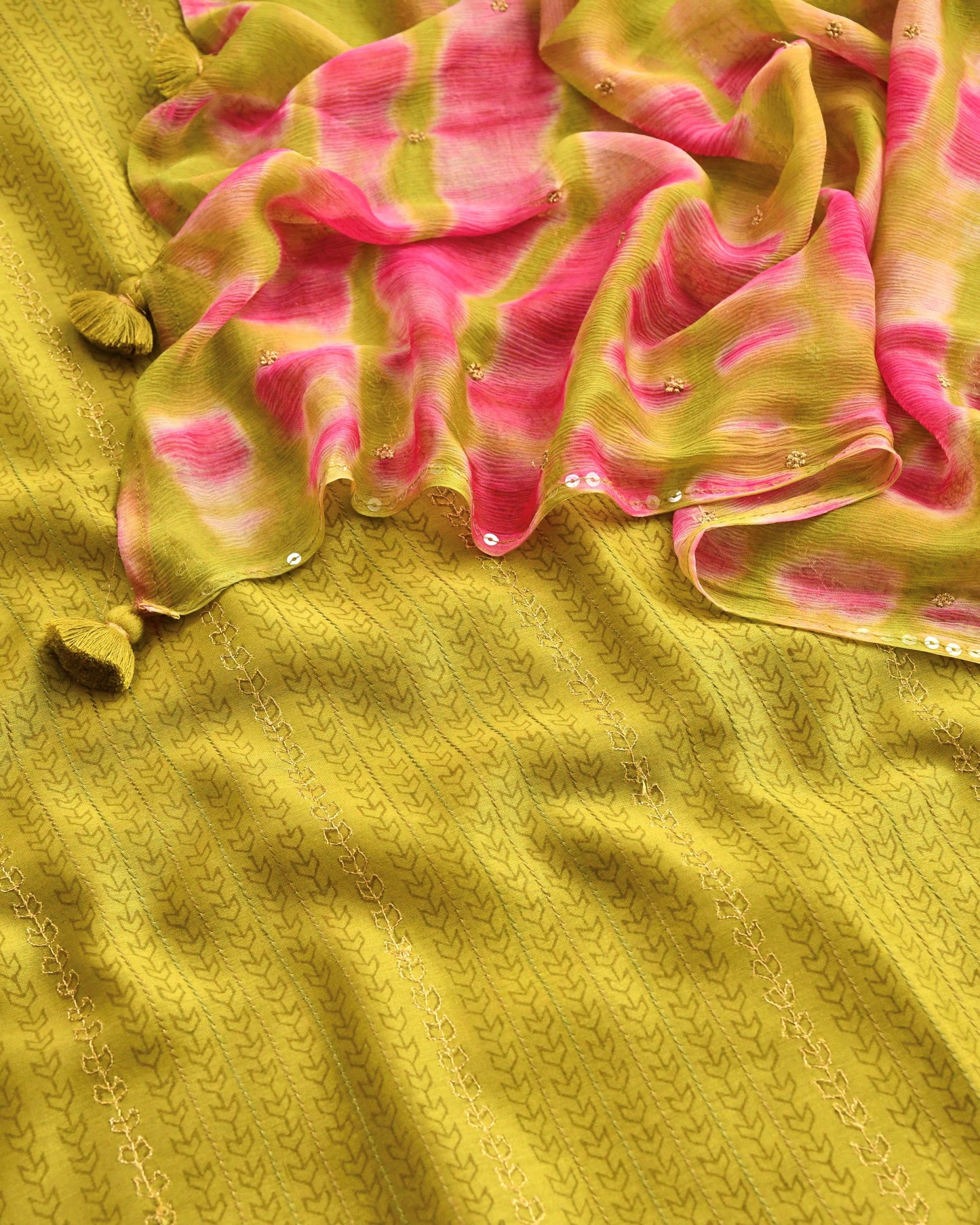 Banarasi Chanderi Silk Unstitched Suit Material Set with Tie-Dye Dupatta