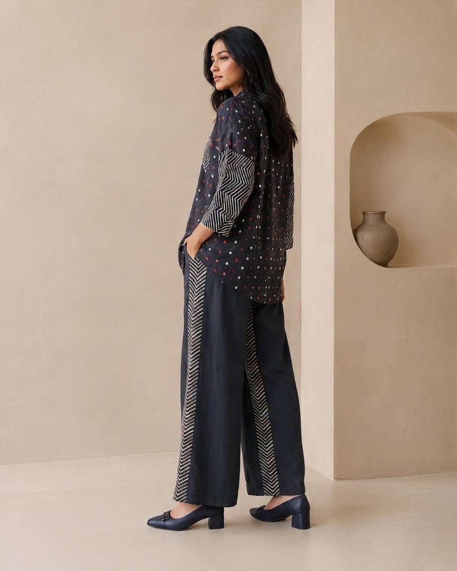 Modal Muslin Co-ord Set – Polka Print Shirt & Wide Leg Pants