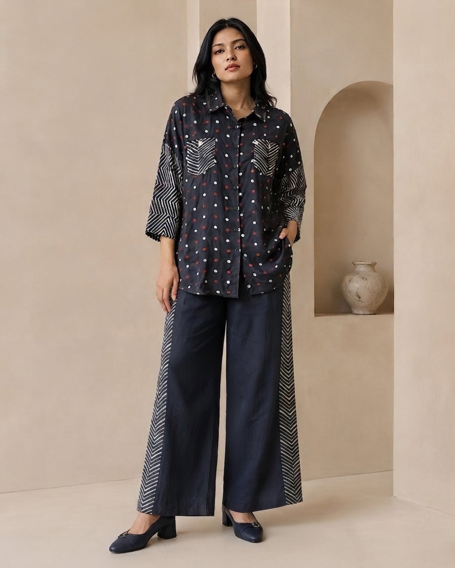 Modal Muslin Co-ord Set – Polka Print Shirt & Wide Leg Pants