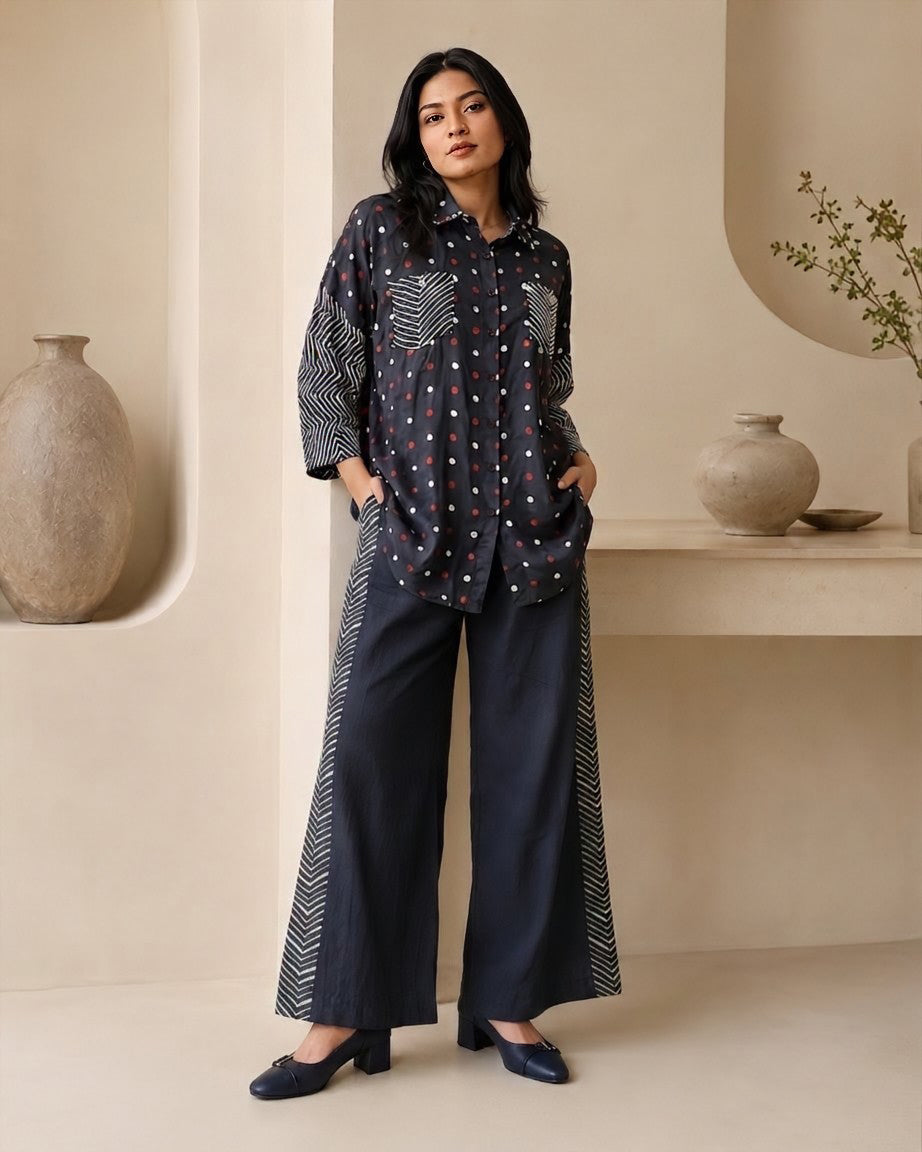 Modal Muslin Co-ord Set – Polka Print Shirt & Wide Leg Pants