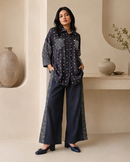 Modal Muslin Co-ord Set – Polka Print Shirt & Wide Leg Pants