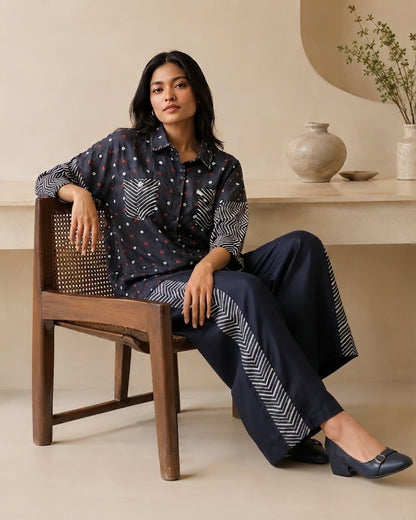 Modal Muslin Co-ord Set – Polka Print Shirt & Wide Leg Pants