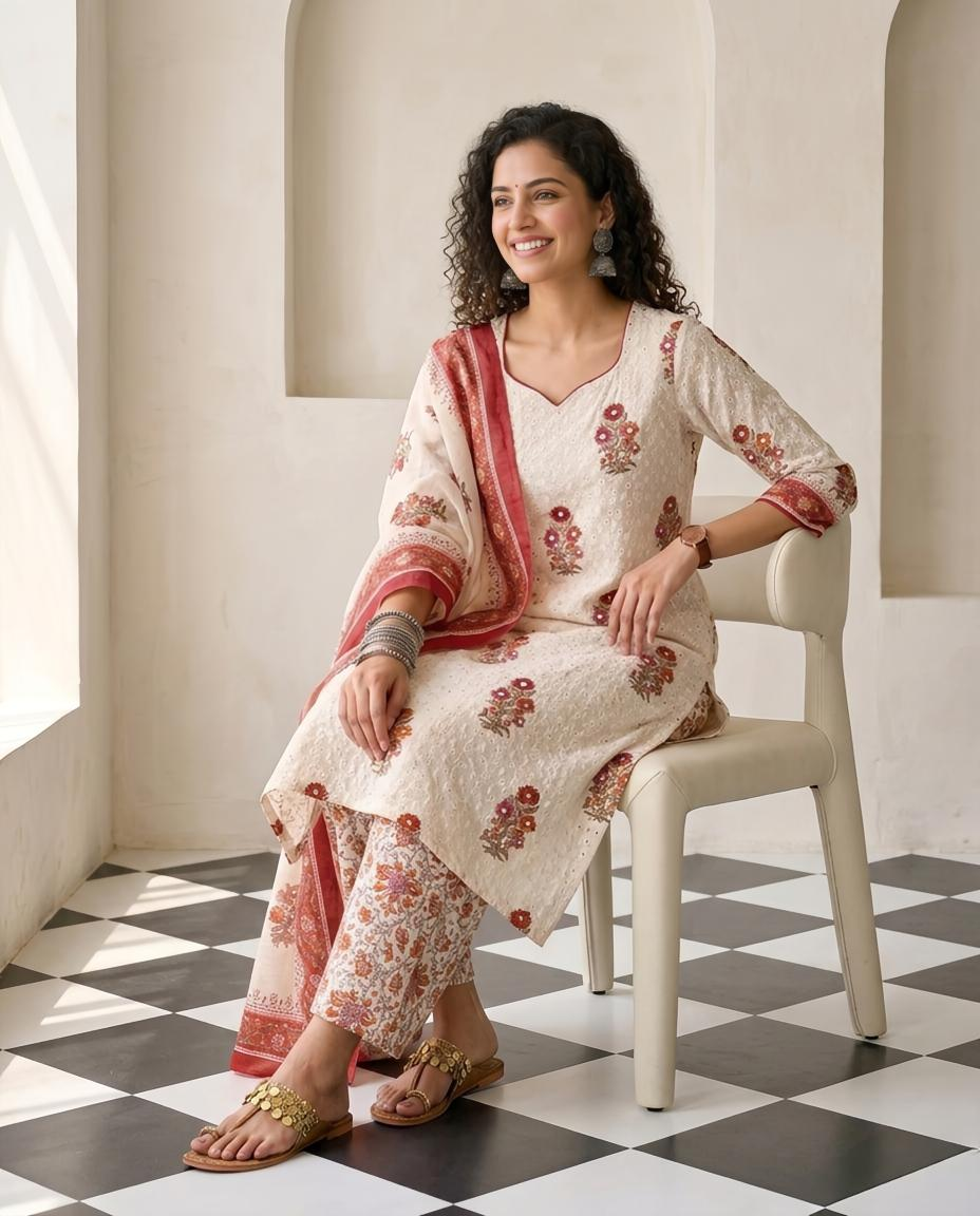 Premium Cotton Linen Unstitched Suit Set with Schiffli Embroidery and Mirror Work