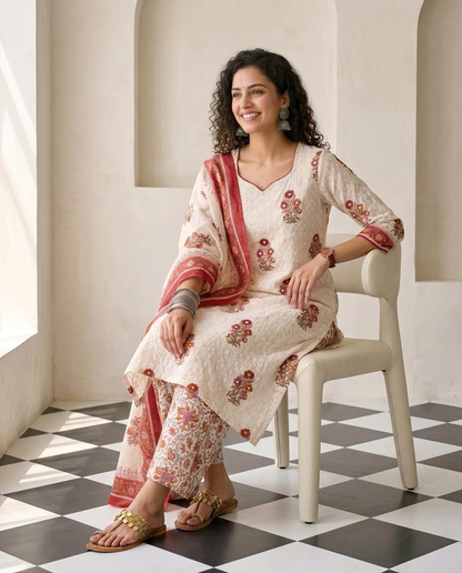 Premium Cotton Linen Unstitched Suit Set with Schiffli Embroidery and Mirror Work