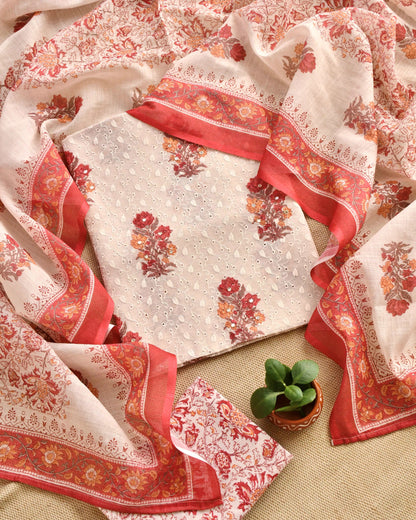 Premium Cotton Linen Unstitched Suit Set with Schiffli Embroidery and Mirror Work