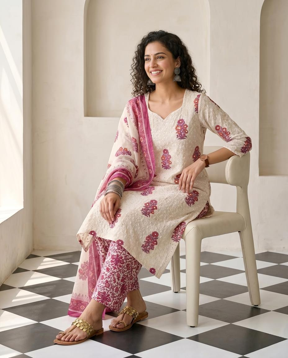 Premium Cotton Linen Unstitched Suit Set with Schiffli Embroidery and Mirror Work