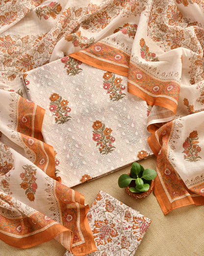 Premium Cotton Linen Unstitched Suit Set with Schiffli Embroidery and Mirror Work
