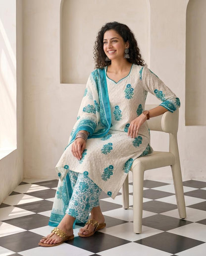 Premium Cotton Linen Unstitched Suit Set with Schiffli Embroidery and Mirror Work