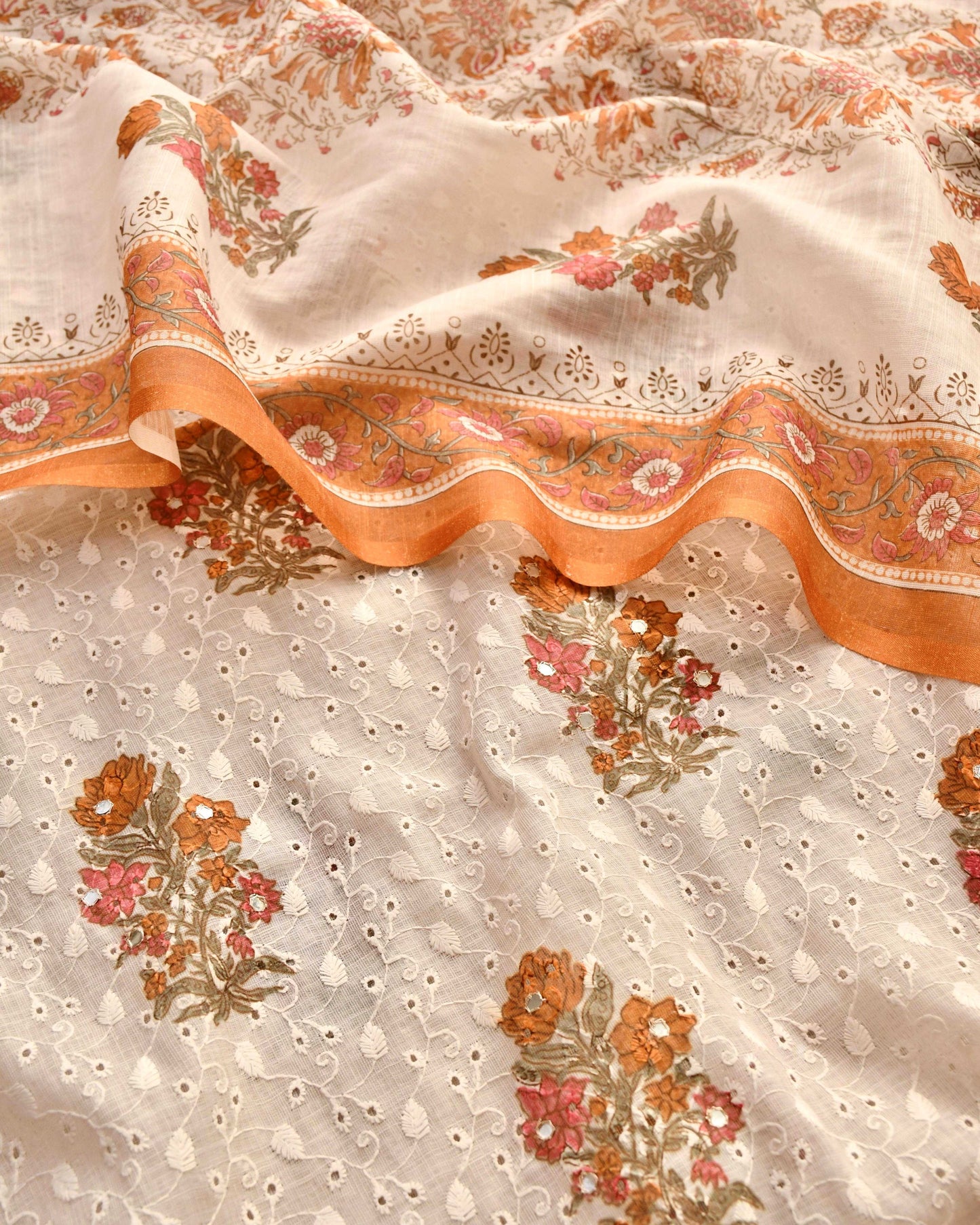Premium Cotton Linen Unstitched Suit Set with Schiffli Embroidery and Mirror Work