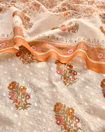 Premium Cotton Linen Unstitched Suit Set with Schiffli Embroidery and Mirror Work