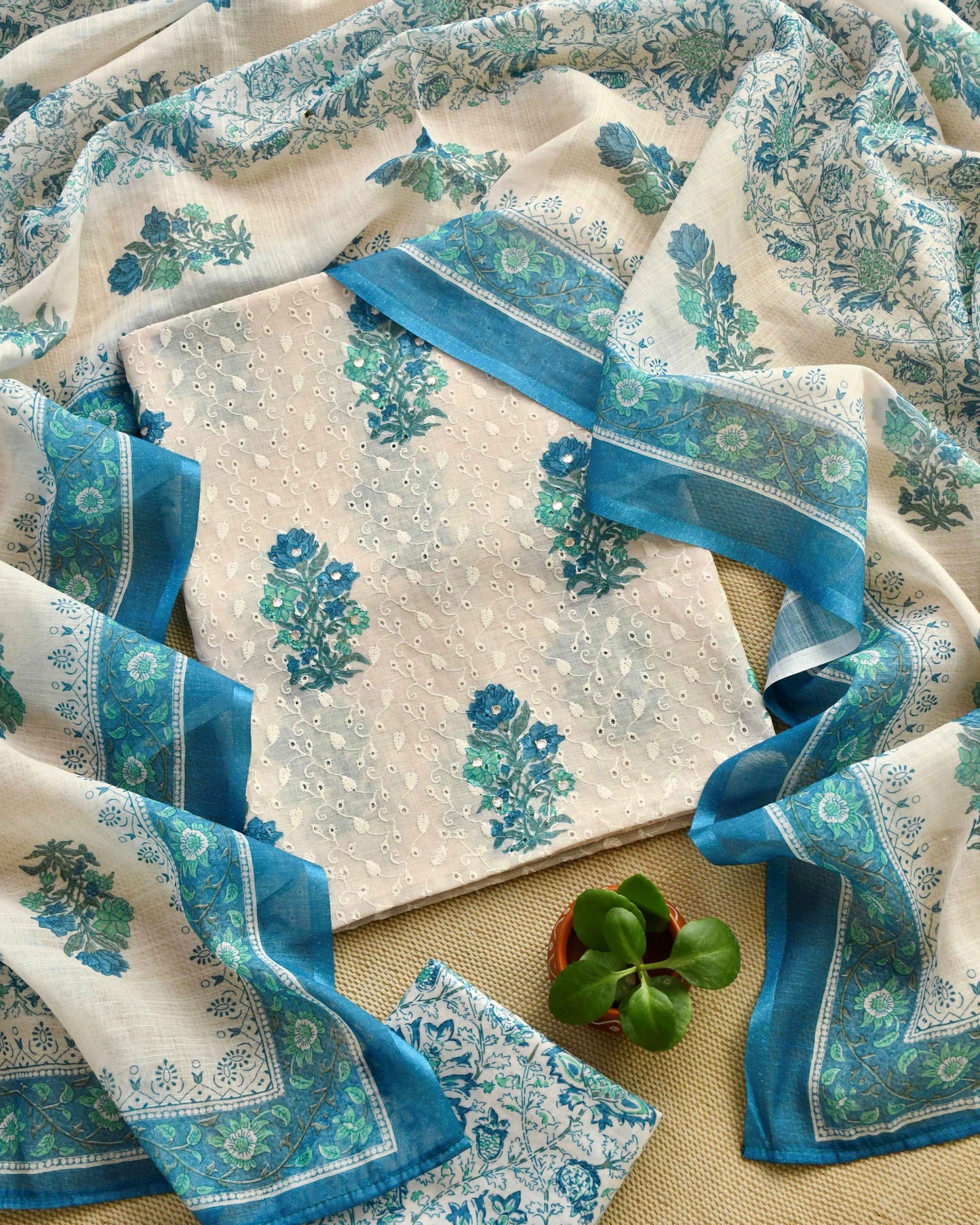 Premium Cotton Linen Unstitched Suit Set with Schiffli Embroidery and Mirror Work