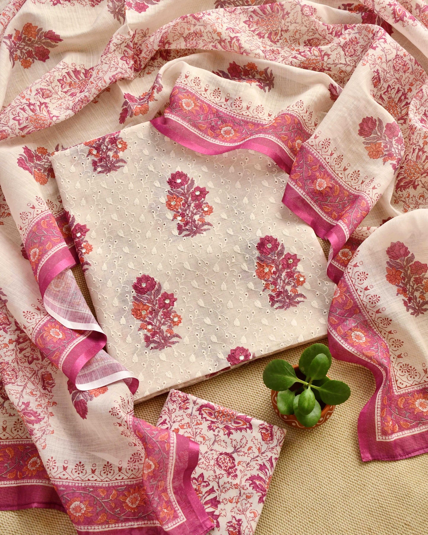 Premium Cotton Linen Unstitched Suit Set with Schiffli Embroidery and Mirror Work