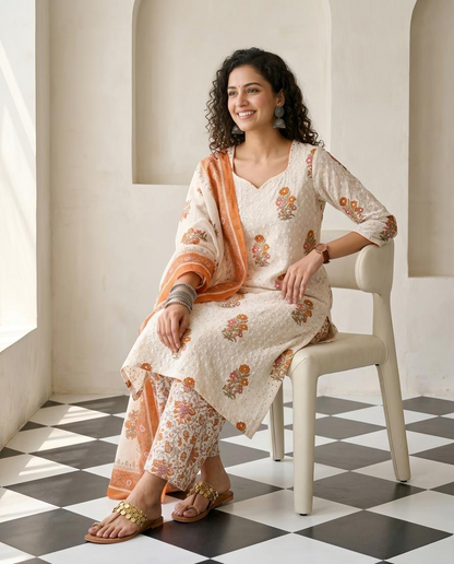 Premium Cotton Linen Unstitched Suit Set with Schiffli Embroidery and Mirror Work